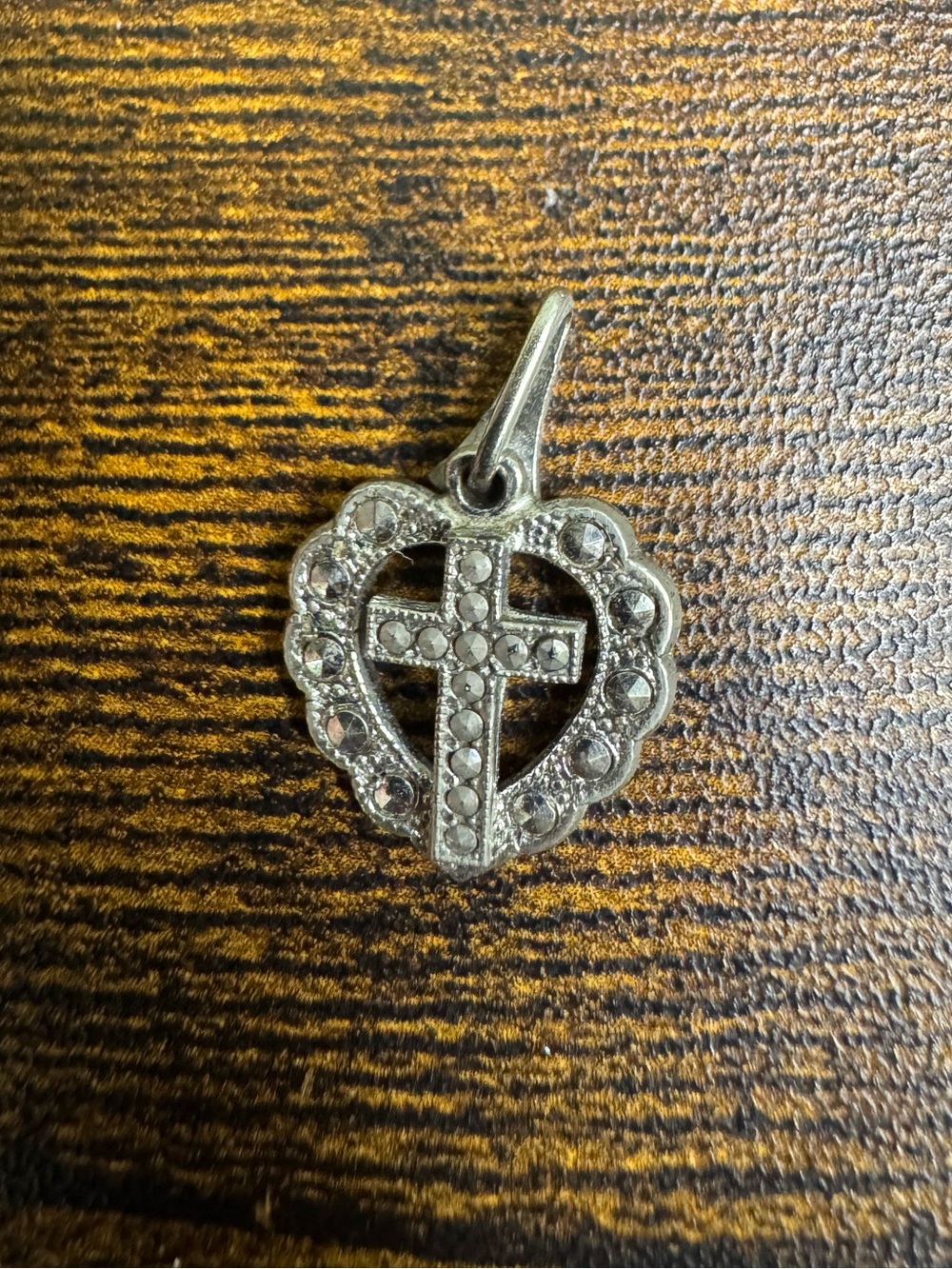 4/$20 Silver-Tone Heart Cross Pendant Charm - Sparkling Marcasite Accent